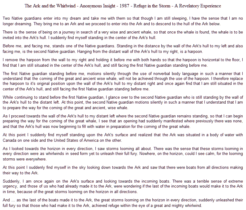 The Ark and the Whirlwind - Anonymous Insight - 1987 - Refuge in the Storm - A Revelatory Experience